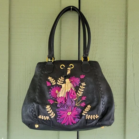 ISABELLA FIORE Black Leather Floral Shoulder Bag - Picture 8 of 9